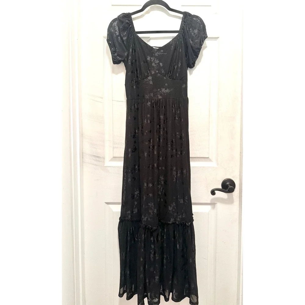 Ember Black Mesh Floral Maxi Dress Short Puff Sleeve Smocked Back S Whimsigoth - Picture 1 of 6